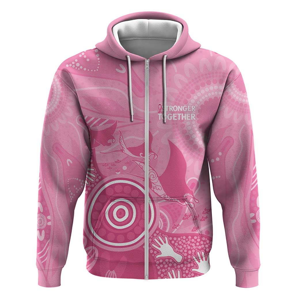 Australia Breast Cancer Awareness Zip Hoodie Pink Ribbon Manta Ray Aboriginal Art - Aussie Hoodie