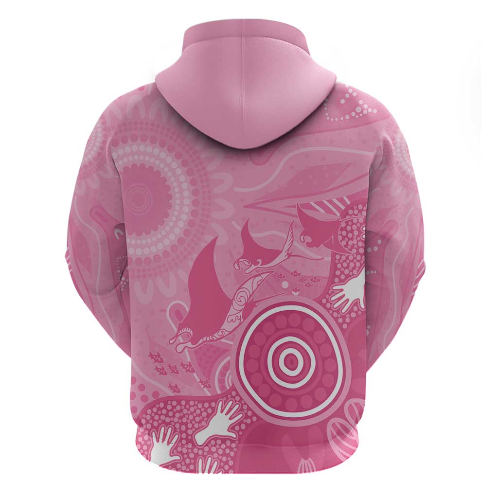 Australia Breast Cancer Awareness Zip Hoodie Pink Ribbon Manta Ray Aboriginal Art - Aussie Hoodie