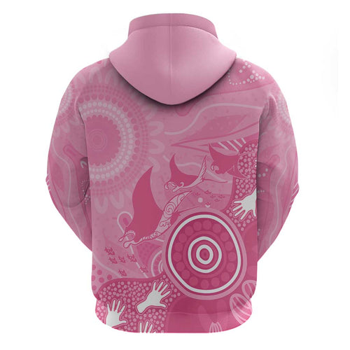 Australia Breast Cancer Awareness Zip Hoodie Pink Ribbon Manta Ray Aboriginal Art - Aussie Hoodie