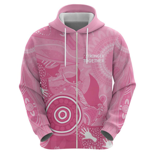 Australia Breast Cancer Awareness Zip Hoodie Pink Ribbon Manta Ray Aboriginal Art - Aussie Hoodie