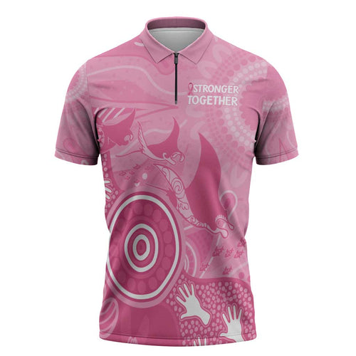 Australia Breast Cancer Awareness Zipper Polo Shirt Pink Ribbon Manta Ray Aboriginal Art - Aussie Hoodie