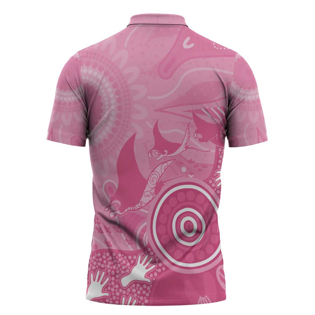 Australia Breast Cancer Awareness Zipper Polo Shirt Pink Ribbon Manta Ray Aboriginal Art - Aussie Hoodie