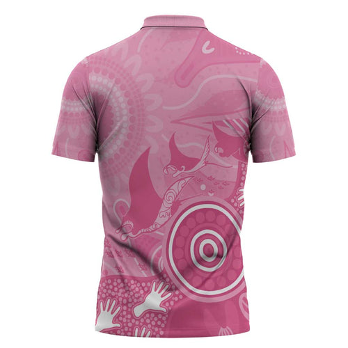 Australia Breast Cancer Awareness Zipper Polo Shirt Pink Ribbon Manta Ray Aboriginal Art - Aussie Hoodie