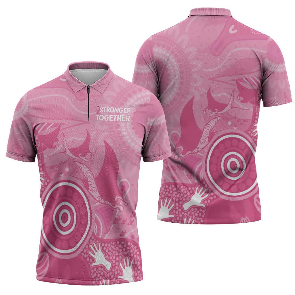 Australia Breast Cancer Awareness Zipper Polo Shirt Pink Ribbon Manta Ray Aboriginal Art - Aussie Hoodie