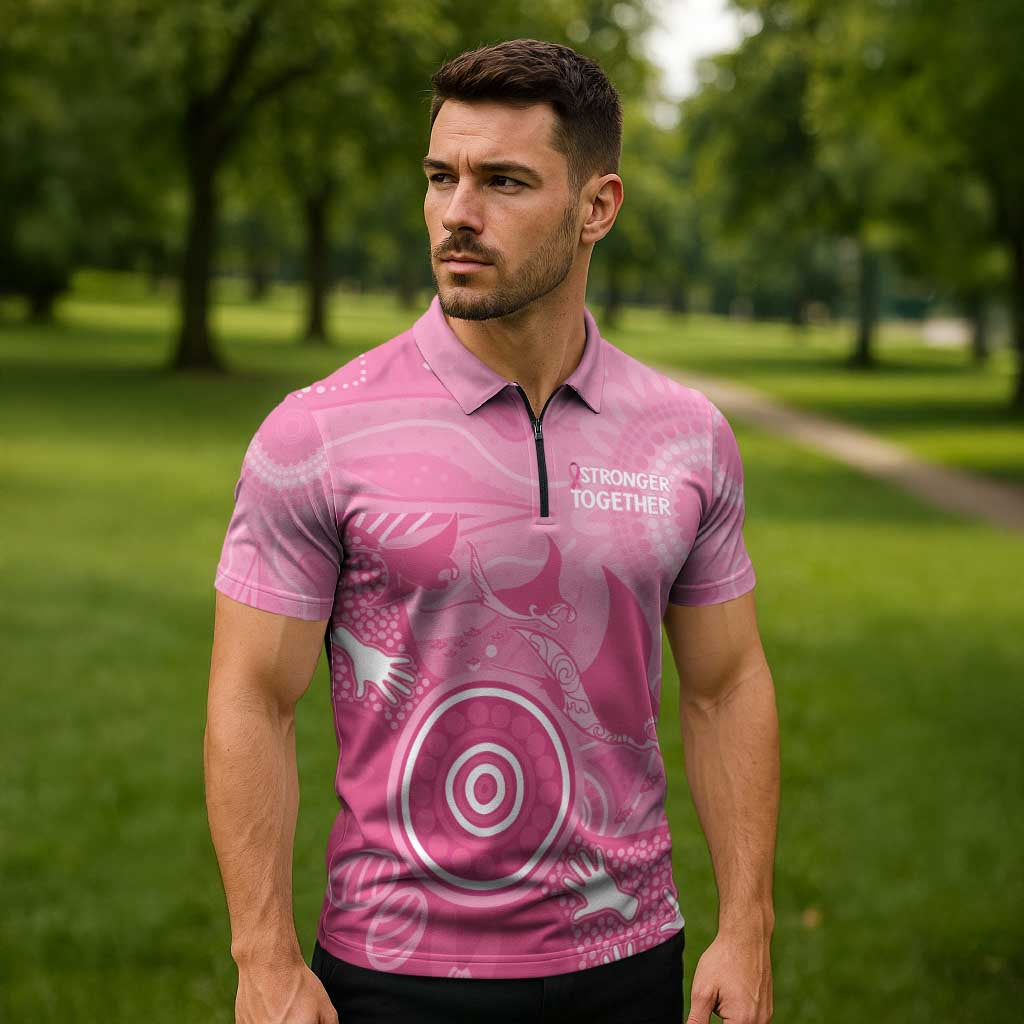 Australia Breast Cancer Awareness Zipper Polo Shirt Pink Ribbon Manta Ray Aboriginal Art - Aussie Hoodie