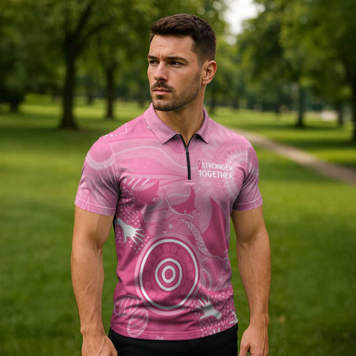 Australia Breast Cancer Awareness Zipper Polo Shirt Pink Ribbon Manta Ray Aboriginal Art - Aussie Hoodie