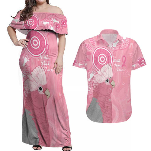 Australia Breast Cancer Awareness Couples Matching Off Shoulder Maxi Dress and Hawaiian Shirt Galah Faith Hope Love Pink Month - Aussie Hoodie