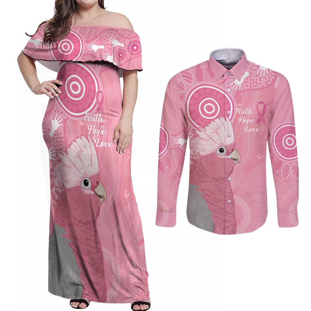 Australia Breast Cancer Awareness Couples Matching Off Shoulder Maxi Dress and Long Sleeve Button Shirt Galah Faith Hope Love Pink Month - Aussie Hoodie