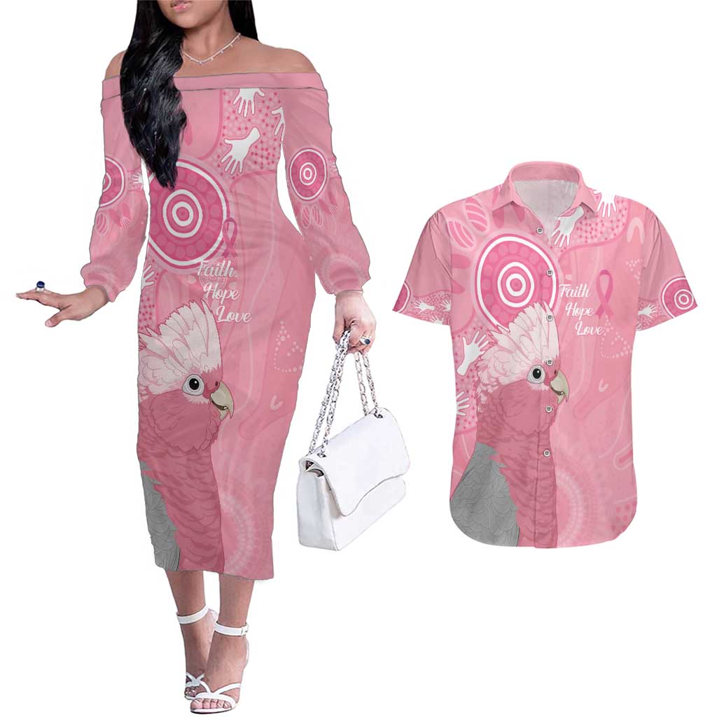 Australia Breast Cancer Awareness Couples Matching Off The Shoulder Long Sleeve Dress and Hawaiian Shirt Galah Faith Hope Love Pink Month - Aussie Hoodie