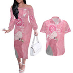 Australia Breast Cancer Awareness Couples Matching Off The Shoulder Long Sleeve Dress and Hawaiian Shirt Galah Faith Hope Love Pink Month - Aussie Hoodie