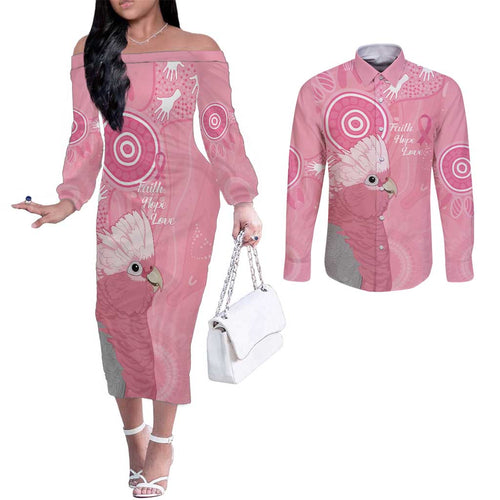 Australia Breast Cancer Awareness Couples Matching Off The Shoulder Long Sleeve Dress and Long Sleeve Button Shirt Galah Faith Hope Love Pink Month - Aussie Hoodie