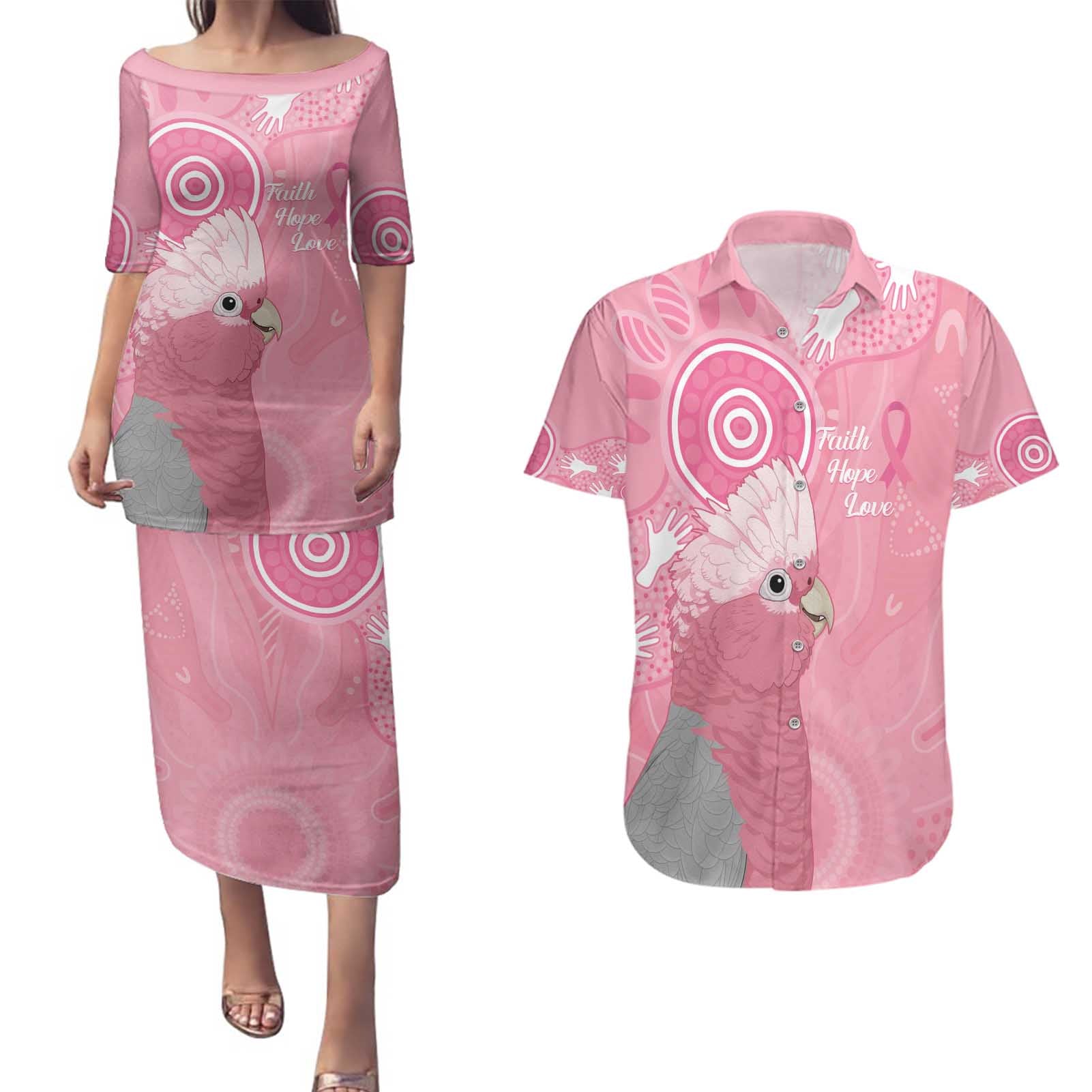 Australia Breast Cancer Awareness Couples Matching Puletasi and Hawaiian Shirt Galah Faith Hope Love Pink Month - Aussie Hoodie