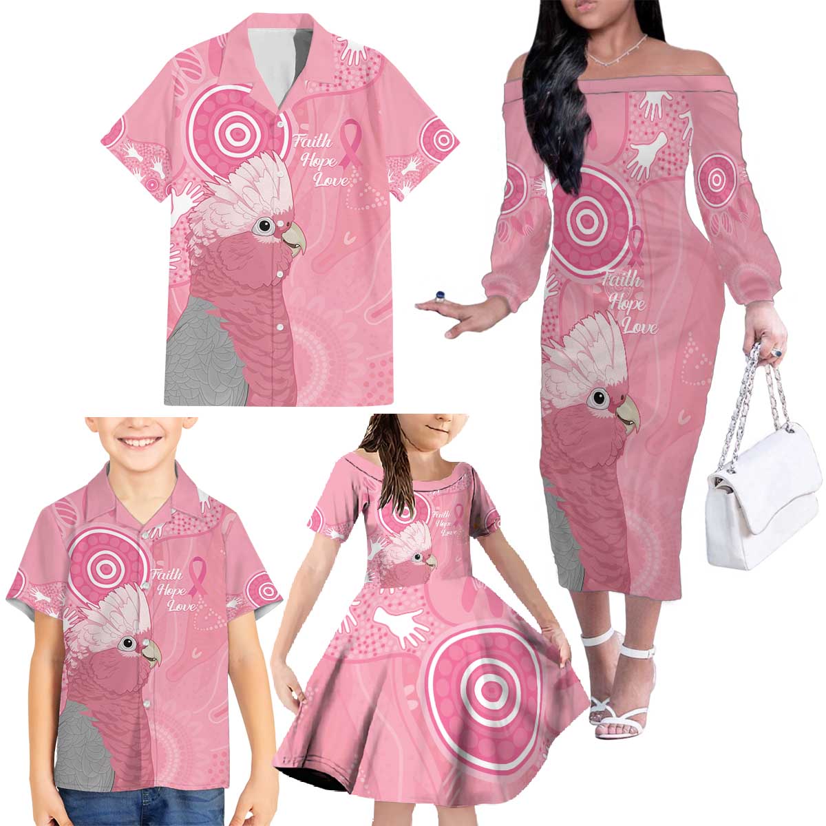 Australia Breast Cancer Awareness Family Matching Off The Shoulder Long Sleeve Dress and Hawaiian Shirt Galah Faith Hope Love Pink Month - Aussie Hoodie