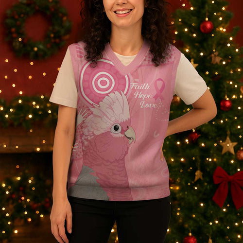 Australia Breast Cancer Awareness Christmas Knitted V-Neck Vest Galah Faith Hope Love Pink Month - Aussie Hoodie