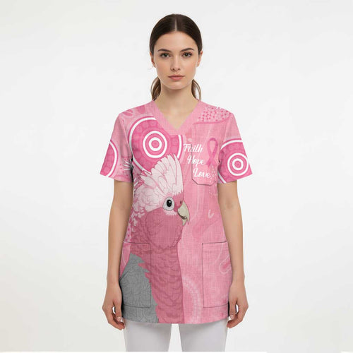 Australia Breast Cancer Awareness Scrub Top Galah Faith Hope Love Pink Month - Aussie Hoodie
