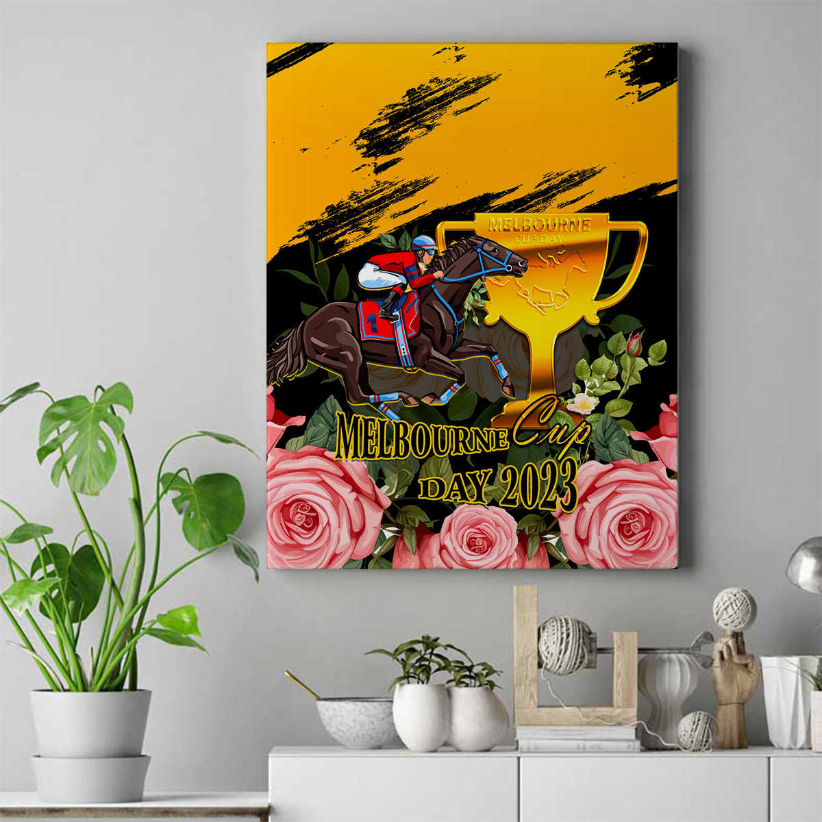 personalised-australia-melbourne-cup-day-canvas-wall-art-2023-horse-racing-trophy-with-roses