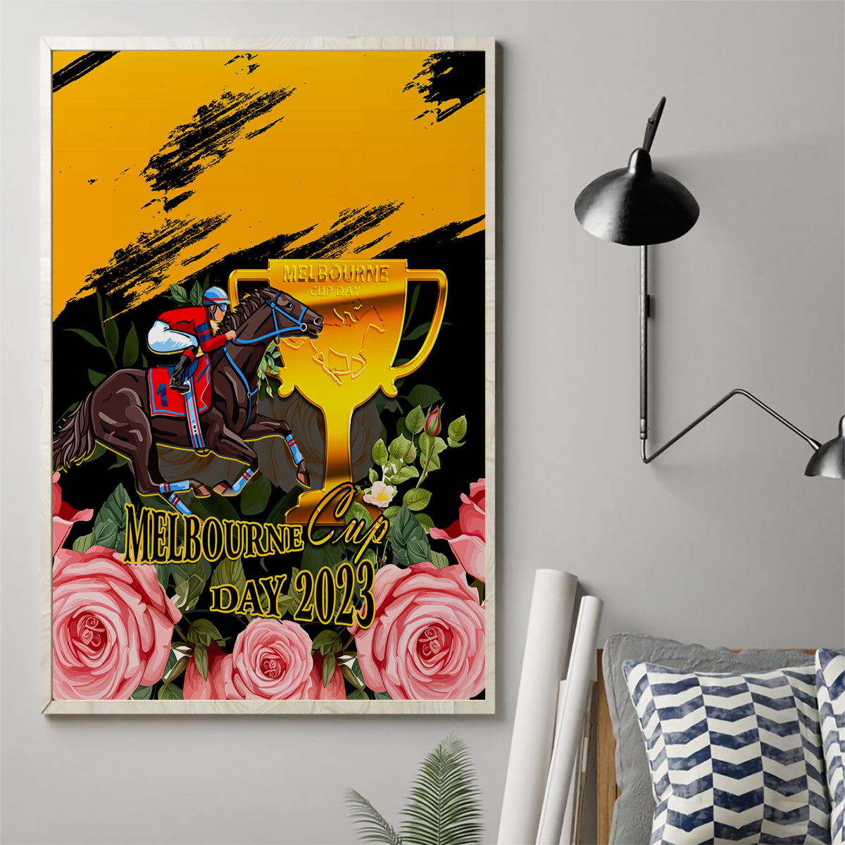personalised-australia-melbourne-cup-day-canvas-wall-art-2023-horse-racing-trophy-with-roses