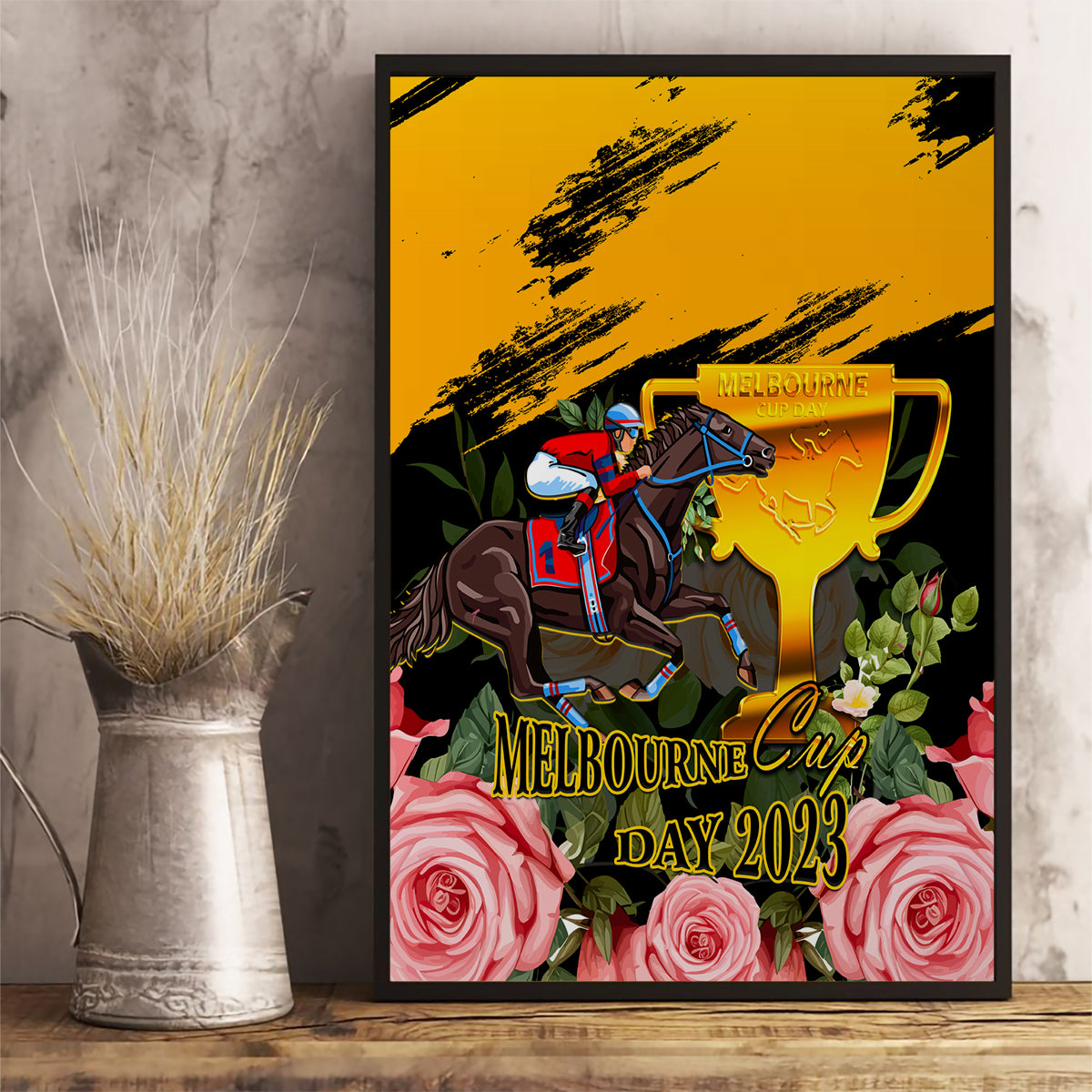 personalised-australia-melbourne-cup-day-canvas-wall-art-2023-horse-racing-trophy-with-roses
