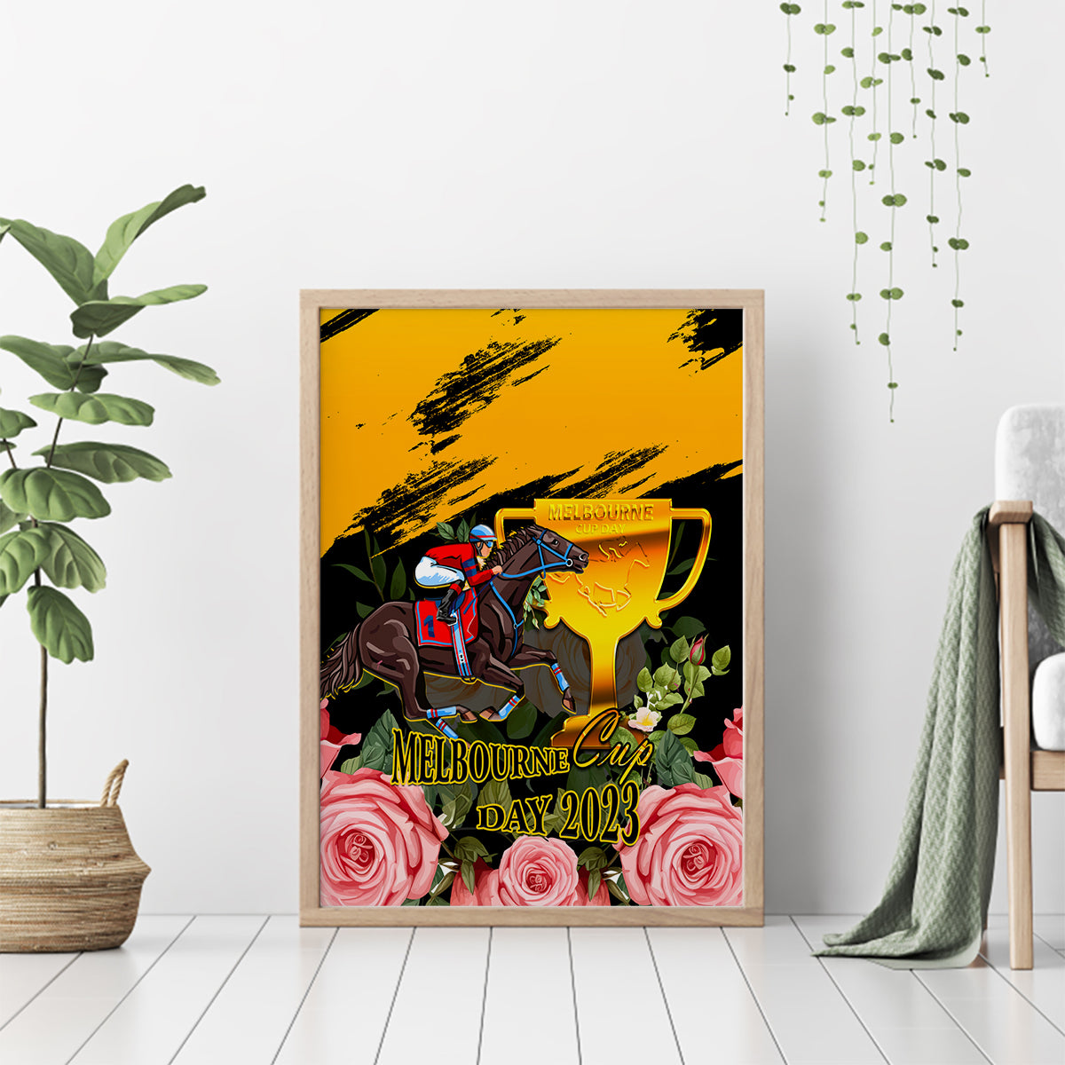 personalised-australia-melbourne-cup-day-canvas-wall-art-2023-horse-racing-trophy-with-roses