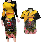 Personalised Australia Melbourne Cup Day Couples Matching Long Sleeve Bodycon Dress and Hawaiian Shirt Horse Racing Trophy With Roses LT14