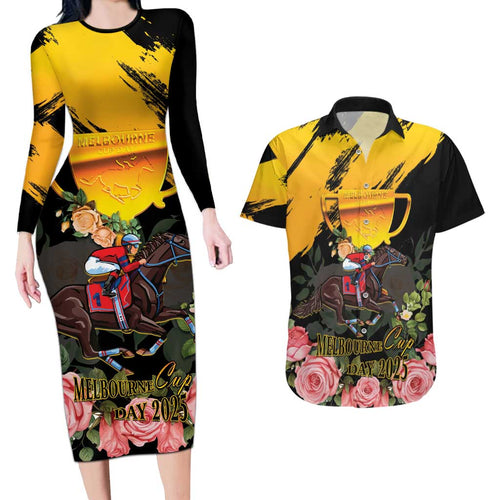 Personalised Australia Melbourne Cup Day Couples Matching Long Sleeve Bodycon Dress and Hawaiian Shirt Horse Racing Trophy With Roses LT14