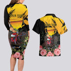 Personalised Australia Melbourne Cup Day Couples Matching Long Sleeve Bodycon Dress and Hawaiian Shirt Horse Racing Trophy With Roses LT14