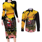 Personalised Australia Melbourne Cup Day Couples Matching Long Sleeve Bodycon Dress and Long Sleeve Button Shirt Horse Racing Trophy With Roses LT14