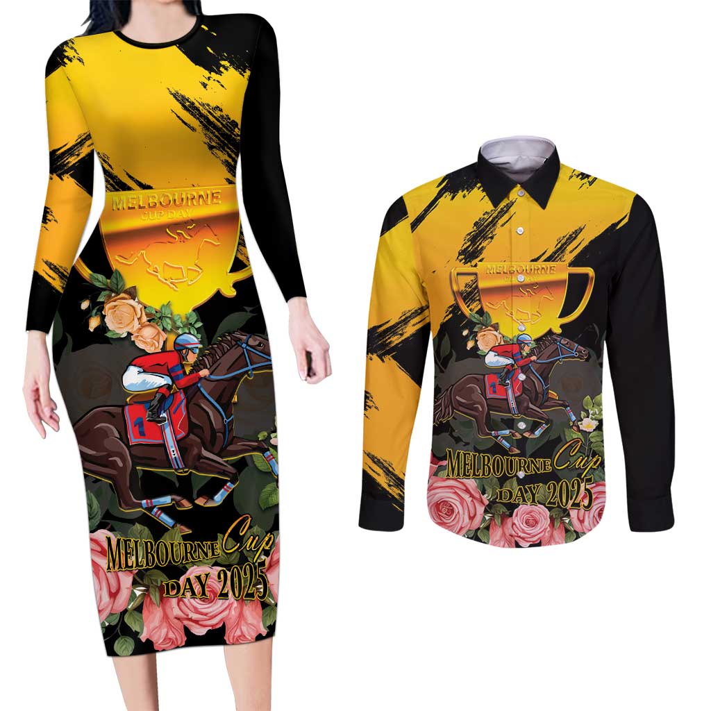 Personalised Australia Melbourne Cup Day Couples Matching Long Sleeve Bodycon Dress and Long Sleeve Button Shirt Horse Racing Trophy With Roses LT14
