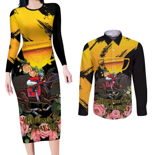 Personalised Australia Melbourne Cup Day Couples Matching Long Sleeve Bodycon Dress and Long Sleeve Button Shirt Horse Racing Trophy With Roses LT14