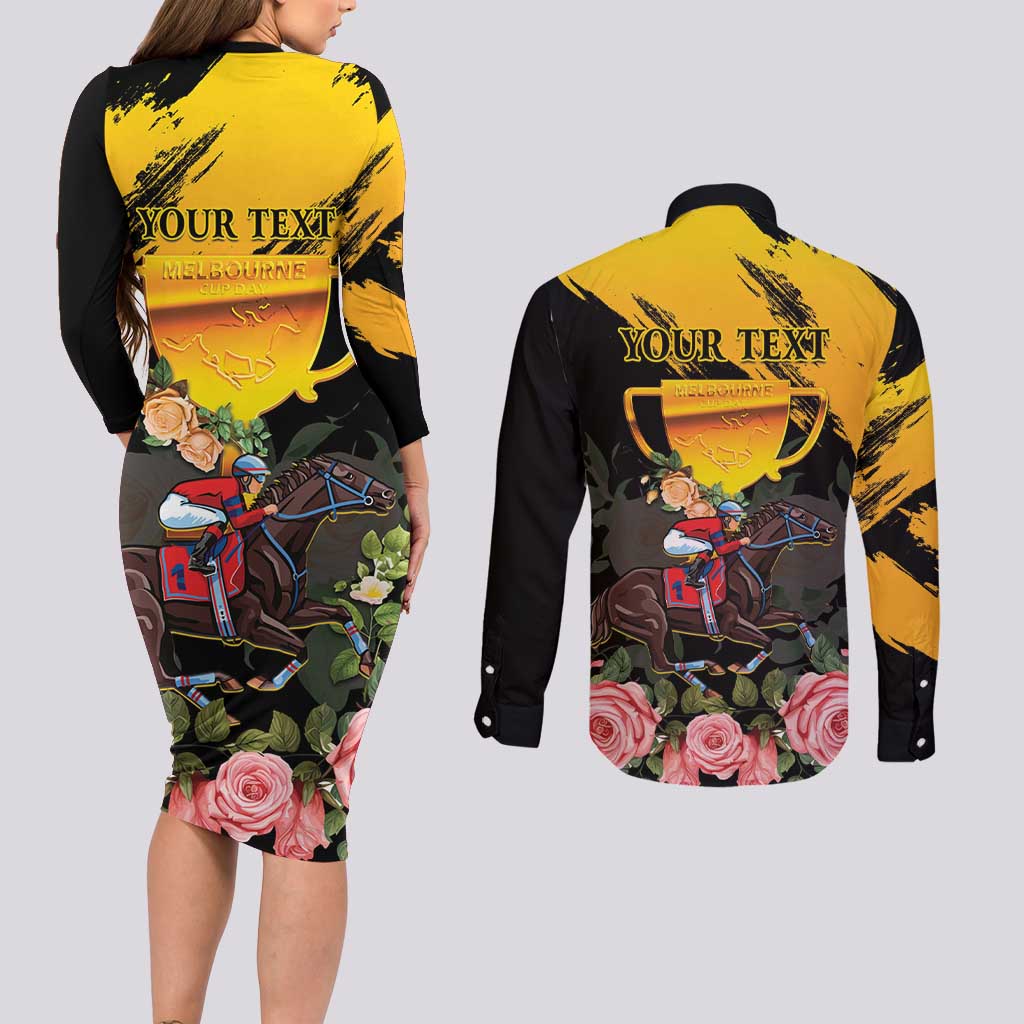 Personalised Australia Melbourne Cup Day Couples Matching Long Sleeve Bodycon Dress and Long Sleeve Button Shirt Horse Racing Trophy With Roses LT14