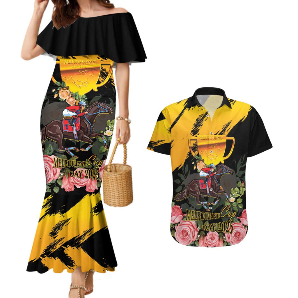 Personalised Australia Melbourne Cup Day Couples Matching Mermaid Dress and Hawaiian Shirt Horse Racing Trophy With Roses LT14