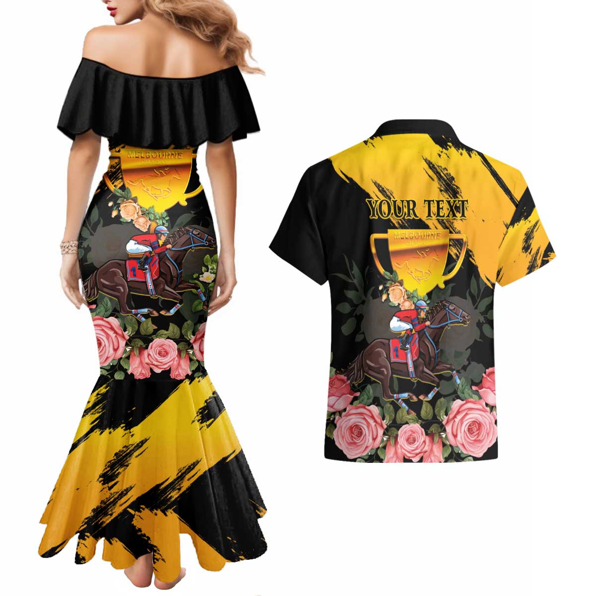 Personalised Australia Melbourne Cup Day Couples Matching Mermaid Dress and Hawaiian Shirt Horse Racing Trophy With Roses LT14