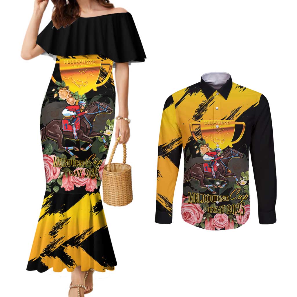 Personalised Australia Melbourne Cup Day Couples Matching Mermaid Dress and Long Sleeve Button Shirt Horse Racing Trophy With Roses LT14