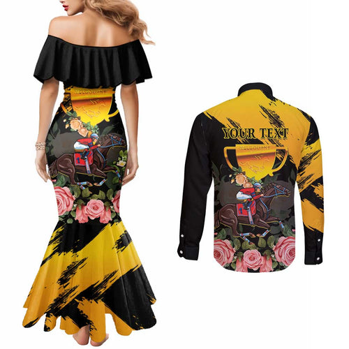 Personalised Australia Melbourne Cup Day Couples Matching Mermaid Dress and Long Sleeve Button Shirt Horse Racing Trophy With Roses LT14