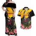 Personalised Australia Melbourne Cup Day Couples Matching Off Shoulder Maxi Dress and Hawaiian Shirt Horse Racing Trophy With Roses LT14