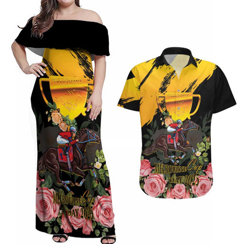 Personalised Australia Melbourne Cup Day Couples Matching Off Shoulder Maxi Dress and Hawaiian Shirt Horse Racing Trophy With Roses LT14