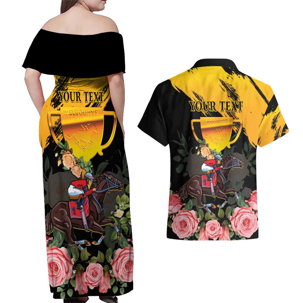 Personalised Australia Melbourne Cup Day Couples Matching Off Shoulder Maxi Dress and Hawaiian Shirt Horse Racing Trophy With Roses LT14
