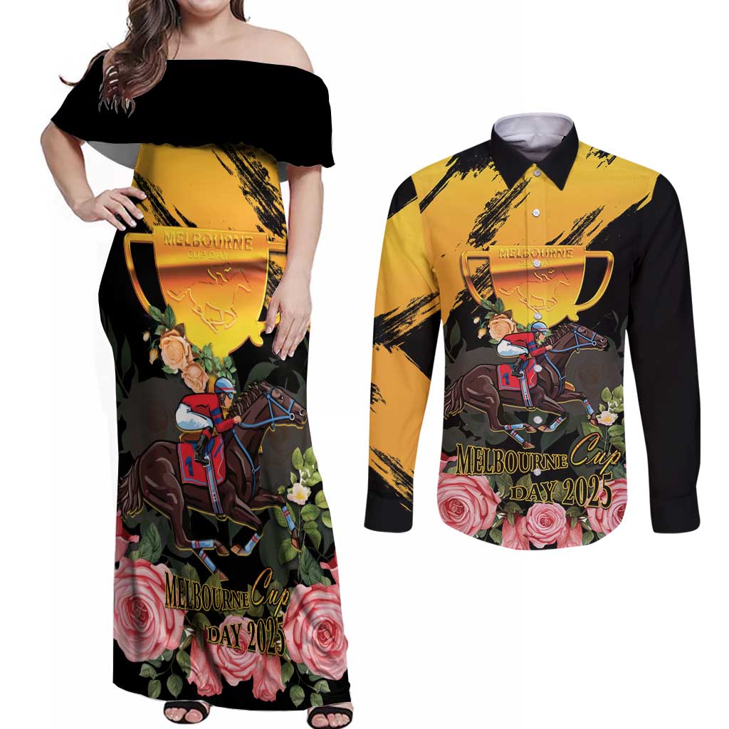 Personalised Australia Melbourne Cup Day Couples Matching Off Shoulder Maxi Dress and Long Sleeve Button Shirt Horse Racing Trophy With Roses LT14