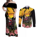 Personalised Australia Melbourne Cup Day Couples Matching Off Shoulder Maxi Dress and Long Sleeve Button Shirt Horse Racing Trophy With Roses LT14