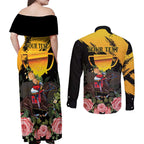 Personalised Australia Melbourne Cup Day Couples Matching Off Shoulder Maxi Dress and Long Sleeve Button Shirt Horse Racing Trophy With Roses LT14