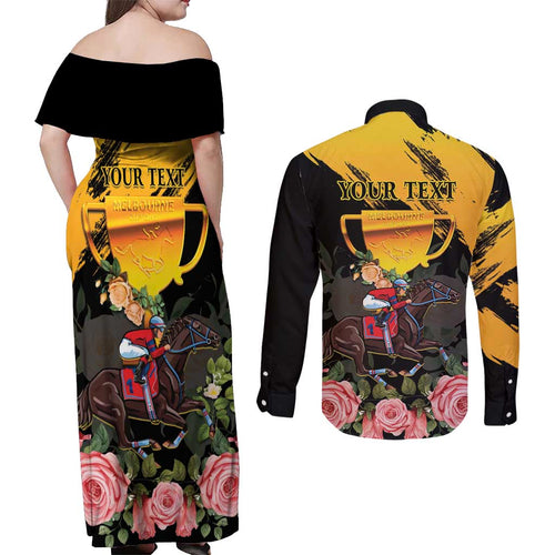 Personalised Australia Melbourne Cup Day Couples Matching Off Shoulder Maxi Dress and Long Sleeve Button Shirt Horse Racing Trophy With Roses LT14