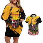 Personalised Australia Melbourne Cup Day Couples Matching Off Shoulder Short Dress and Hawaiian Shirt Horse Racing Trophy With Roses LT14