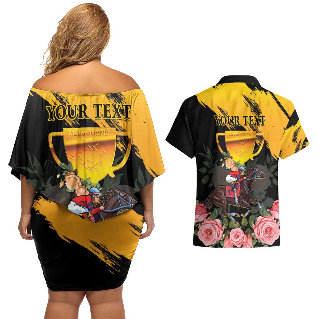 Personalised Australia Melbourne Cup Day Couples Matching Off Shoulder Short Dress and Hawaiian Shirt Horse Racing Trophy With Roses LT14