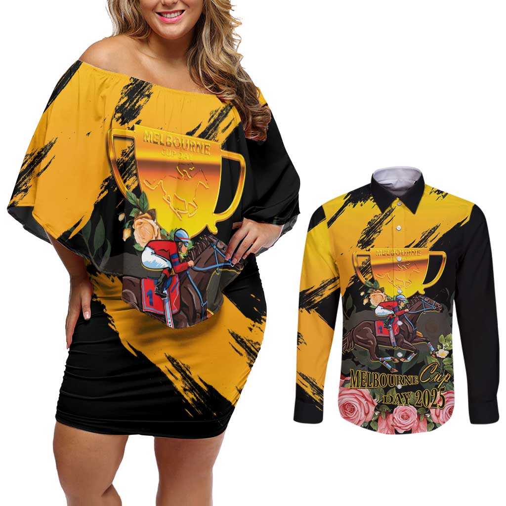 Personalised Australia Melbourne Cup Day Couples Matching Off Shoulder Short Dress and Long Sleeve Button Shirt Horse Racing Trophy With Roses LT14