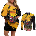 Personalised Australia Melbourne Cup Day Couples Matching Off Shoulder Short Dress and Long Sleeve Button Shirt Horse Racing Trophy With Roses LT14