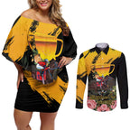 Personalised Australia Melbourne Cup Day Couples Matching Off Shoulder Short Dress and Long Sleeve Button Shirt Horse Racing Trophy With Roses LT14