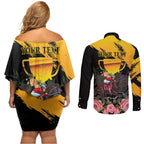 Personalised Australia Melbourne Cup Day Couples Matching Off Shoulder Short Dress and Long Sleeve Button Shirt Horse Racing Trophy With Roses LT14