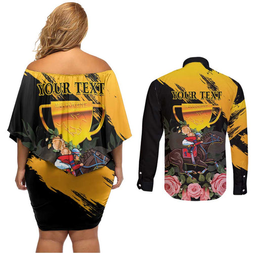Personalised Australia Melbourne Cup Day Couples Matching Off Shoulder Short Dress and Long Sleeve Button Shirt Horse Racing Trophy With Roses LT14