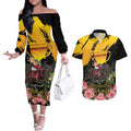 Personalised Australia Melbourne Cup Day Couples Matching Off The Shoulder Long Sleeve Dress and Hawaiian Shirt Horse Racing Trophy With Roses LT14