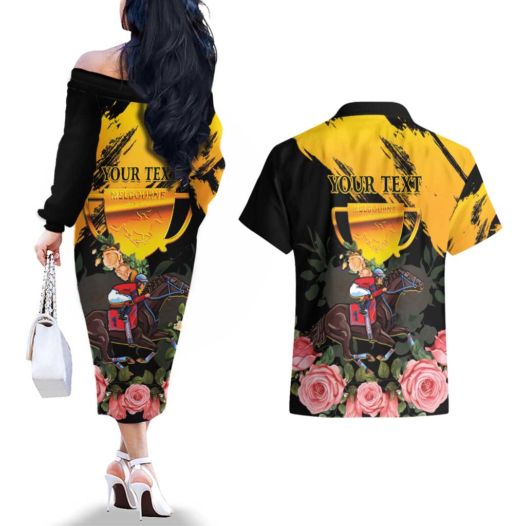 Personalised Australia Melbourne Cup Day Couples Matching Off The Shoulder Long Sleeve Dress and Hawaiian Shirt Horse Racing Trophy With Roses LT14